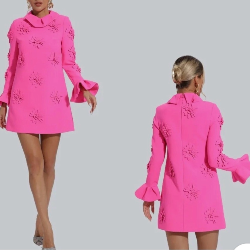 Bright Pink Mini Dress with Floral Appliqué Detail